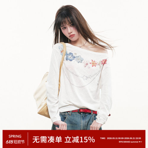RPB BRAND透气韩系星星花卉项链斜肩长袖T恤百搭微透罩衫白色上衣