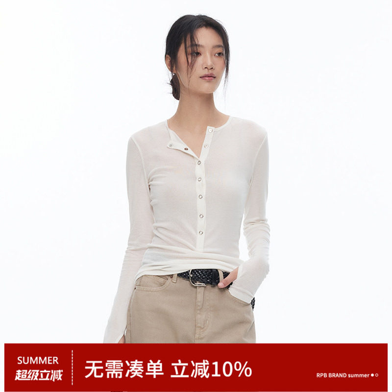 RPB BRAND轻熟简约风亨利领长袖T恤女羊毛纽扣修身显瘦基础款上衣图片