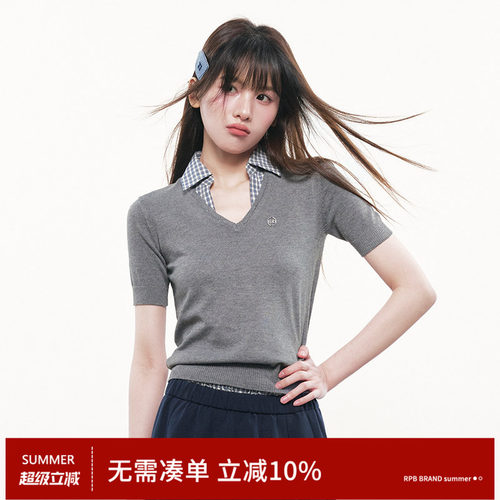 RPB BRAND学院风格纹V领假两件羊毛针织衫短袖高级感显瘦上衣毛衣