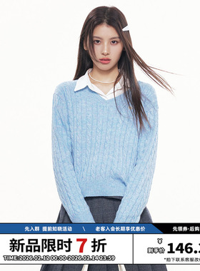 RPB BRAND 学院风V领短款绞花针织衫女长袖套头羊毛高级感毛衣