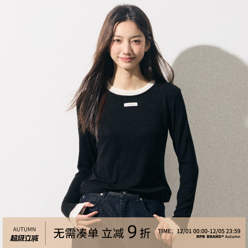 RPB BRAND羊毛春夏穿简约通勤针织打底衫假两件长袖罩衫上衣