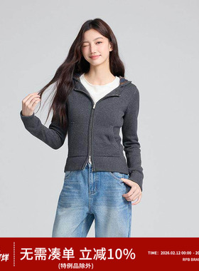 RPB BRAND拼接格纹连帽针织开衫女修身显瘦短款毛衣外套上衣