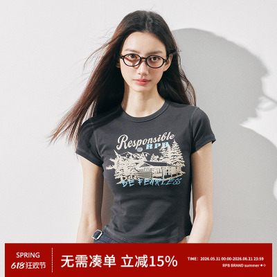 RPB BRAND 美式复古字母印花圆领短袖T恤女修身短款显瘦上衣