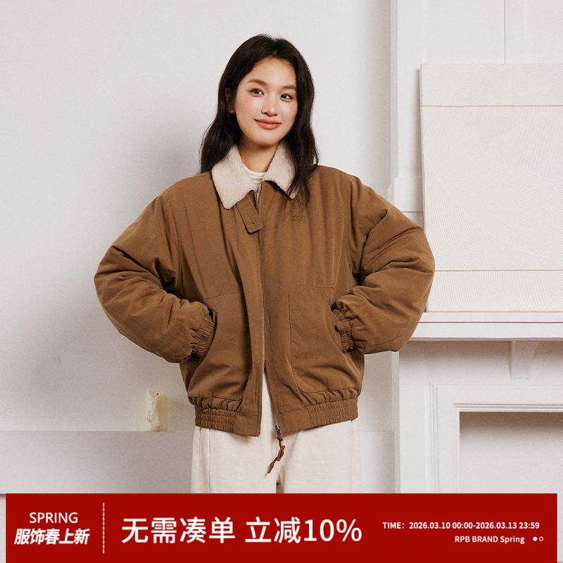 RPB BRAND复古翻领羊羔绒短款外套女冬季新款加厚保暖夹克棉服