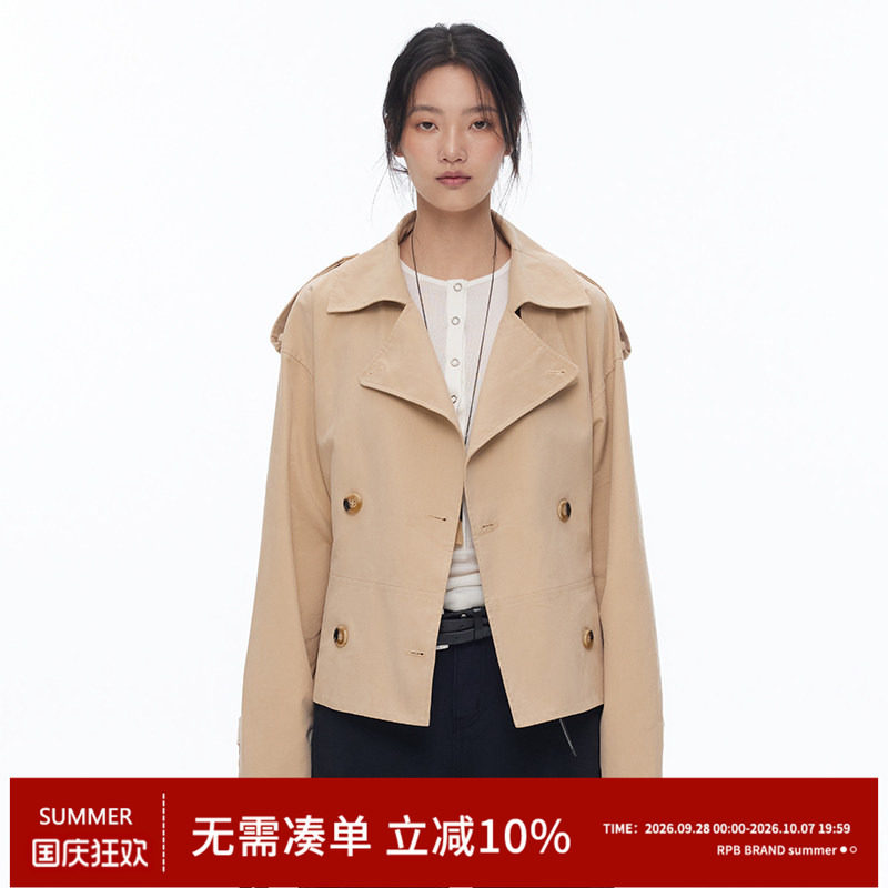 RPB BRAND 复古高智双排扣短款风衣女春秋纯色大翻领百搭通勤外套图片