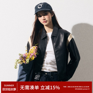RPB BRAND超棒质感美式复古拼接PU皮皮衣外套女宽松显瘦棒球夹克