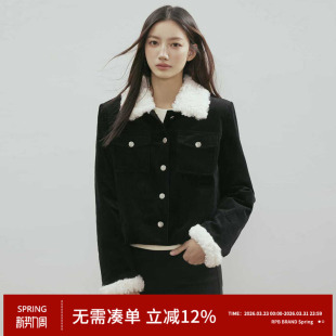 RPB 夹克 BRAND夹棉毛领外套女秋冬小香风高级藏黑色毛绒保暖短款