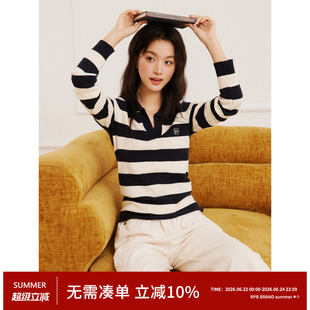 RPB BRAND条纹V领针织衫毛衣时髦翻领撞色修身显瘦韩系长袖打底衫