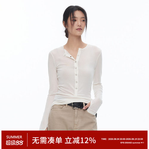 RPB BRAND轻熟简约风亨利领长袖T恤女羊毛纽扣修身显瘦基础款上衣