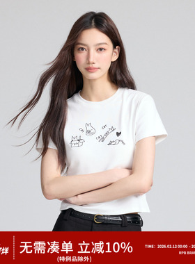 RPB BRAND猫咪图案刺绣正肩短袖女生T恤新款爆款修身显瘦短款上衣