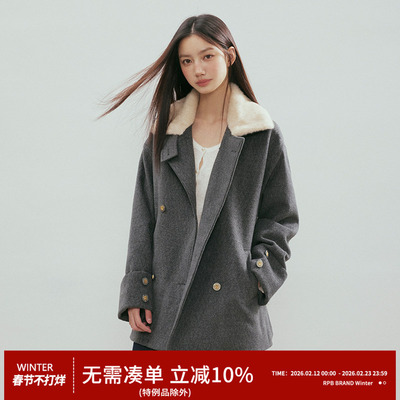 RPB BRAND保暖质感法式赫本风一体大毛领保暖中长款夹棉呢大衣