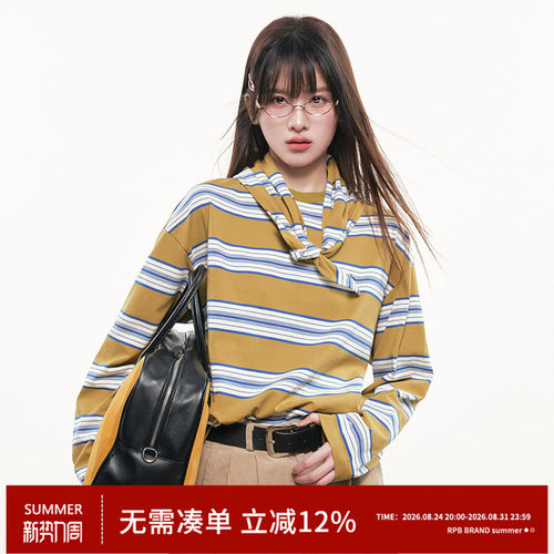 RPB BRAND 复古风条纹长袖圆领T恤松弛感短款蝴蝶结领带上衣
