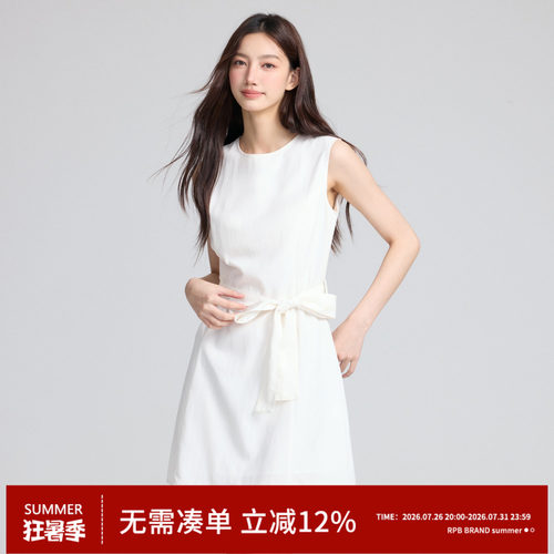 RPB BRAND 法式高级感白色圆领无袖连衣裙女收腰显瘦短裙子