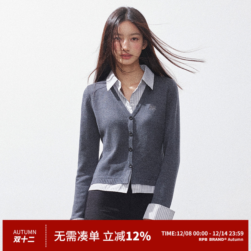 RPB BRAND V领假两件针织衬衫开衫女收腰时尚内搭学院风显瘦上衣