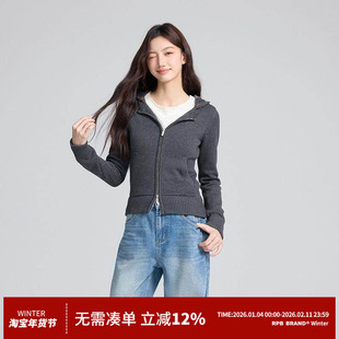 RPB BRAND拼接格纹连帽针织开衫女修身显瘦短款毛衣外套上衣