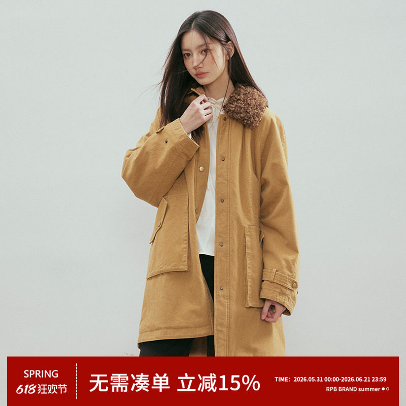 RPB BRAND复古长款毛领拼接羊羔毛领加棉夹克棉服外套风衣大衣