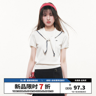 RPB BRAND 白色海军领短袖针织衫女学院风合身显瘦蝴蝶结领带上衣