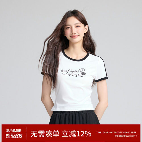 RPB BRAND莫代尔面料触感细腻显瘦t恤女玫瑰短袖简约百搭打底上衣