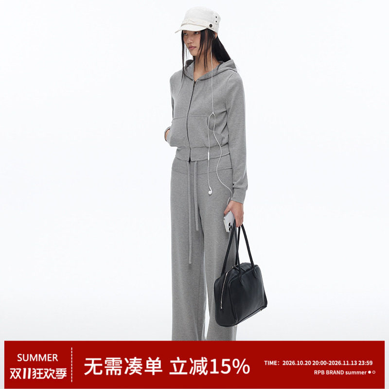 RPB BRAND 休闲运动风修身连帽卫衣套装女抽绳收腰阔腿裤两件套