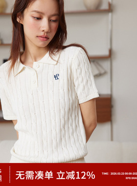 RPB BRAND春夏新款显瘦百搭绞花刺绣翻领POLO领针织短袖毛衣女款