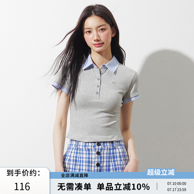 RPB BRAND 简约百搭格子POLO领拼接短袖T恤女修身显瘦百搭上衣