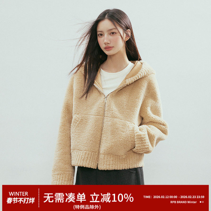 RPB BRAND内里加厚连帽皮毛一体螺纹剪毛工艺减龄人造皮草外套