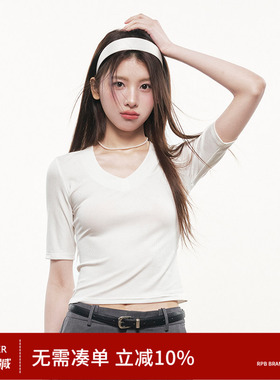RPB BRAND显瘦深V领莱赛尔短袖T恤女修身显瘦纯色五分袖正肩上衣