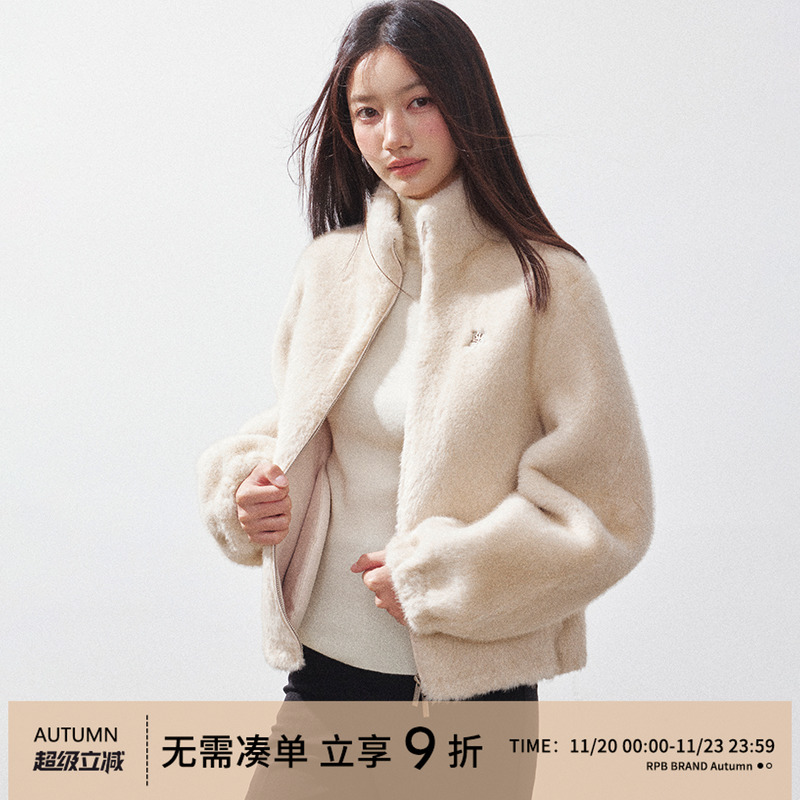 RPB BRAND 慵懒风保暖立领夹克仿皮草外套女短款宽松夹克上衣