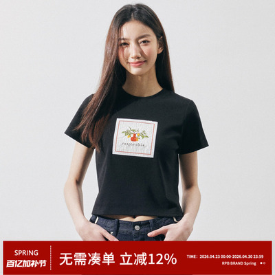 RPB BRAND花瓶复古贴布刺绣短袖T恤女显瘦正肩短款百搭休闲上衣