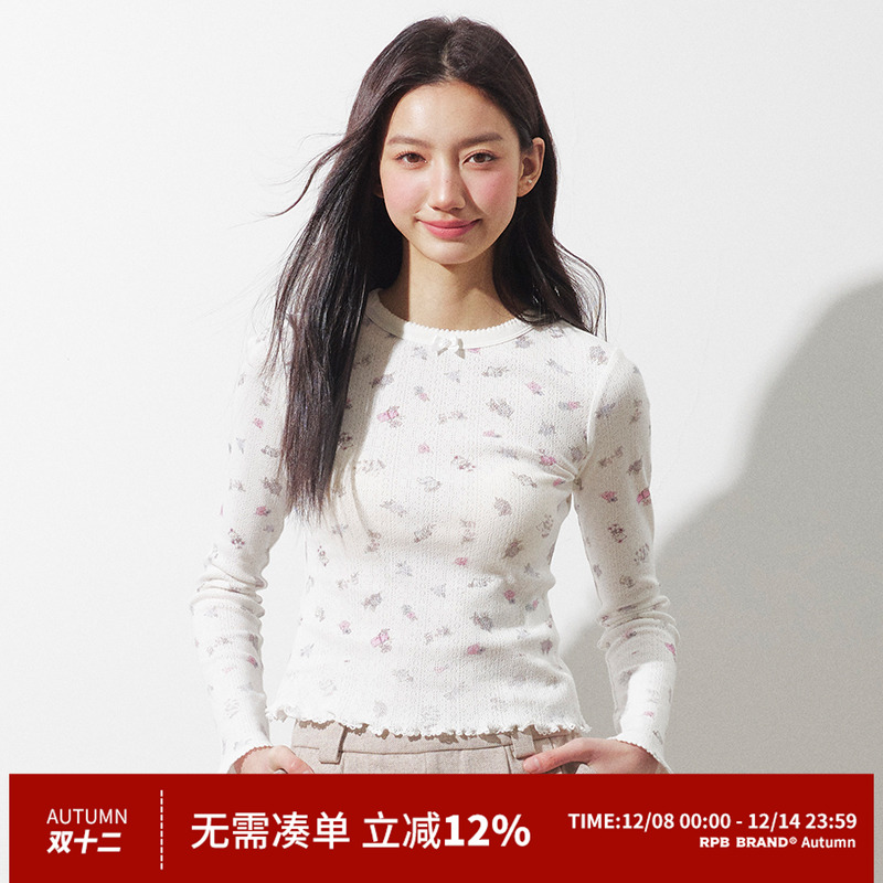 RPB BRAND 甜辣风蝴蝶结满印碎花长袖修身显瘦短款T恤打底衫上衣