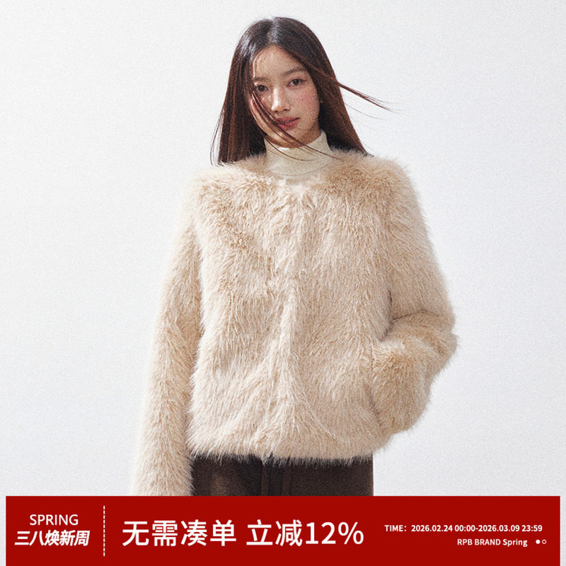 RPB BRAND 时髦复古环保皮草皮毛一体圆领短款毛毛冬季外套