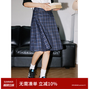 RPB BRAND格子高腰修身中长款百褶半身裙显瘦学院风高腰A字裙伞裙