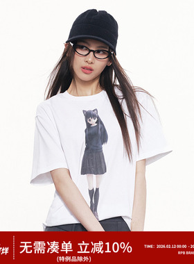 RPB BRAND二次元猫耳少女印花短袖T恤女纯色宽松圆领落肩袖上衣