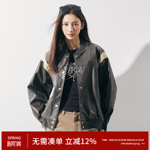 RPB 做旧水洗拼接撞色棒球服PU皮皮衣外套宽松显瘦夹克 BRAND美式