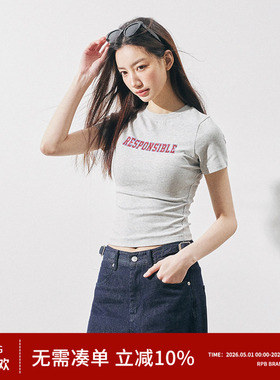 RPB BRAND美式复古辣妹烫钻刺绣正肩T恤女百搭显瘦紧身上衣短袖