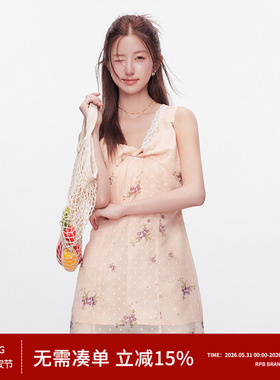 RPB BRAND法式甜美风碎花连衣裙V领蕾丝边中长款无袖蕾丝吊带衫裙