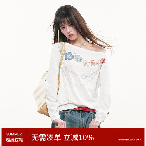 RPB BRAND透气韩系星星花卉项链斜肩长袖T恤百搭微透罩衫白色上衣