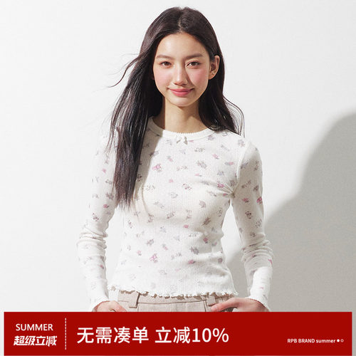 RPB BRAND 甜辣风蝴蝶结满印碎花长袖修身显瘦短款T恤打底衫上衣