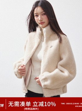 RPB BRAND 慵懒风保暖立领夹克仿皮草外套女短款宽松夹克上衣