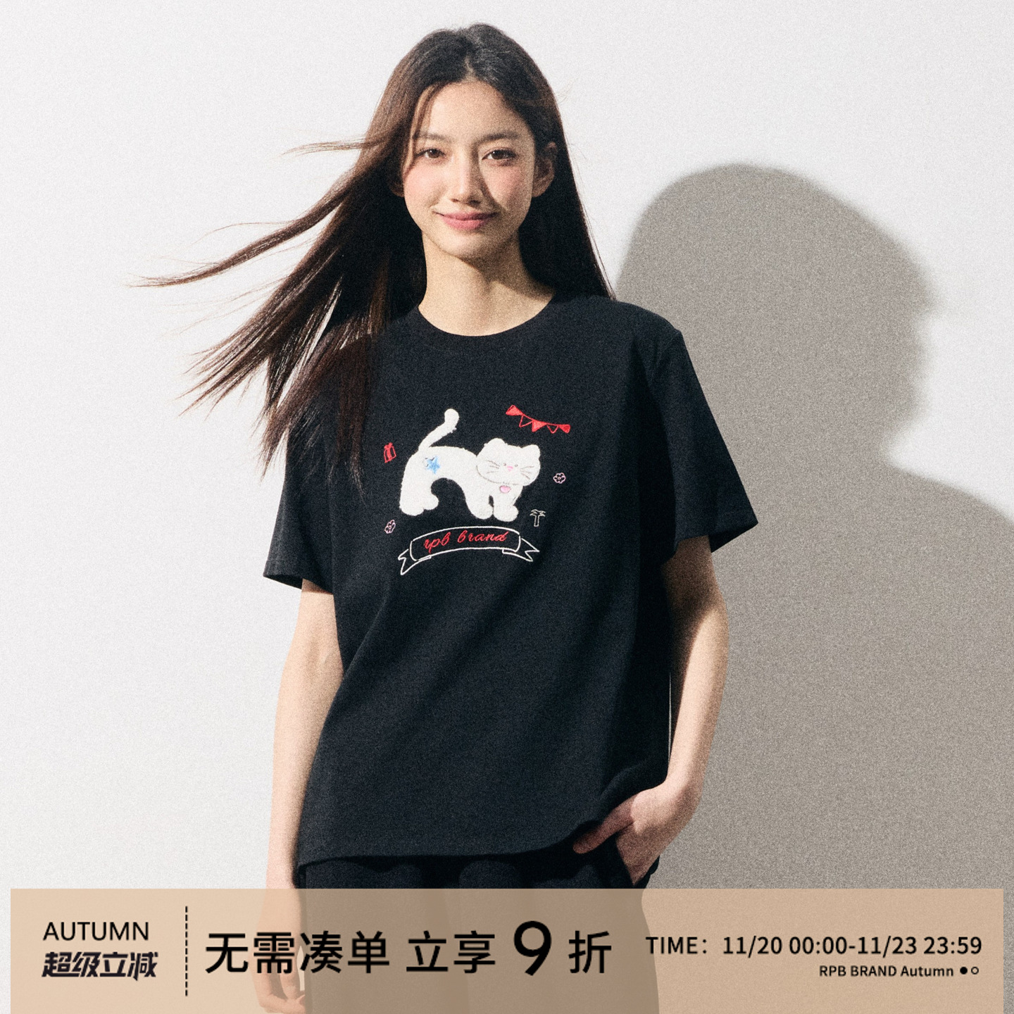 RPB BRAND情侣宽松美式复古猫咪植绒印花全棉短袖T恤女上衣打底衫