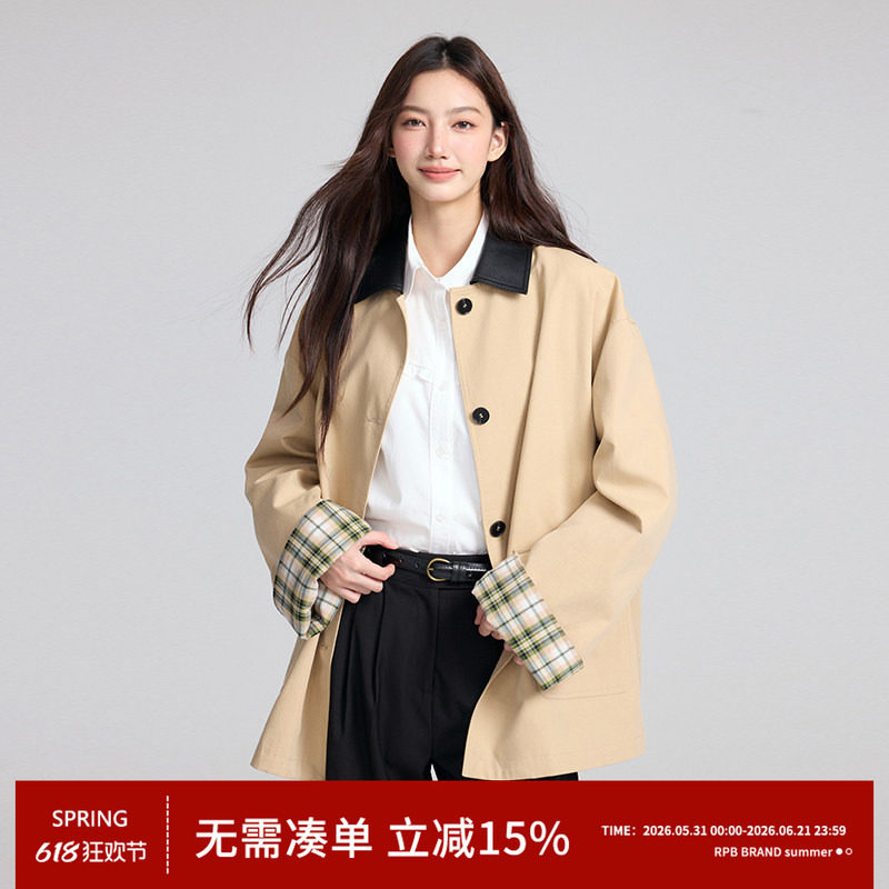 RPB BRAND巴恩风撞色格纹拼接中长款风衣外套高级宽松设计感大衣