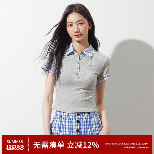RPB BRAND 简约百搭格子POLO领拼接短袖T恤女修身显瘦百搭上衣