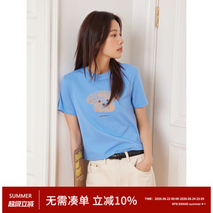 RPB BRAND线条小狗卡通印花百搭圆领T恤修身显瘦正肩短款短袖女款