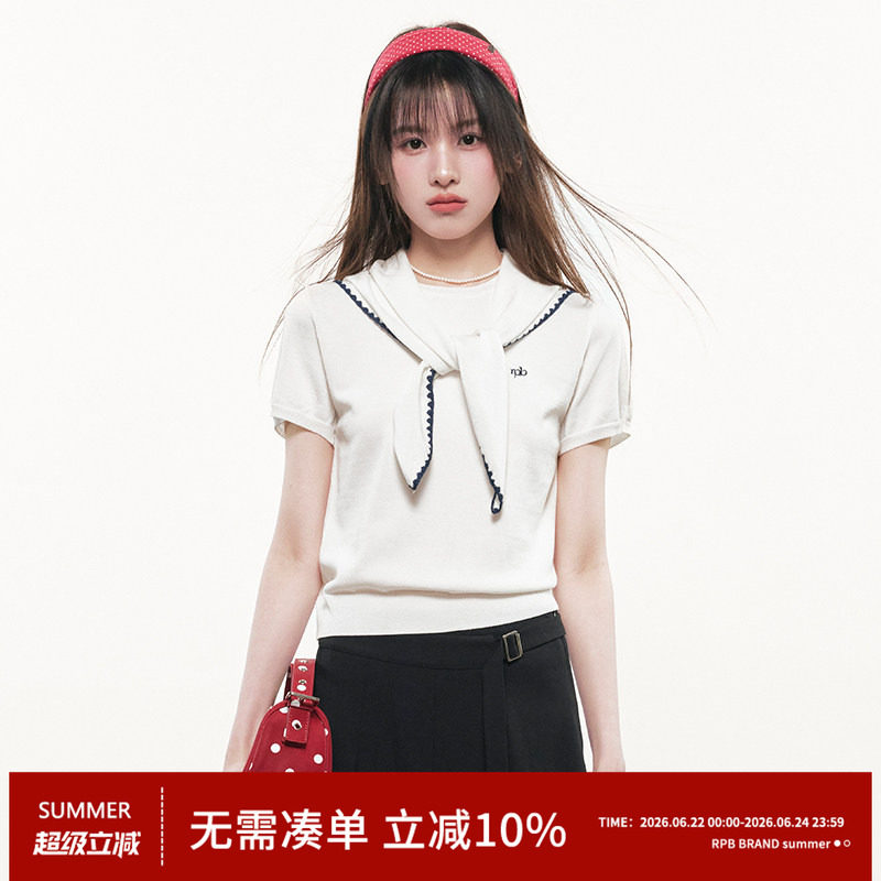RPB BRAND 白色海军领短袖针织衫女学院风合身显瘦蝴蝶结领带上衣