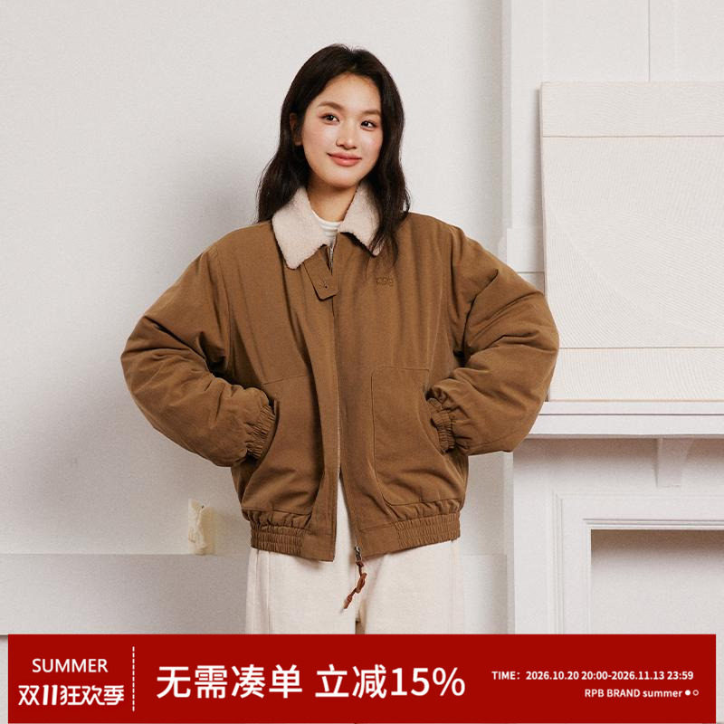 RPB BRAND复古翻领羊羔绒短款外套女冬季新款加厚保暖夹克棉服