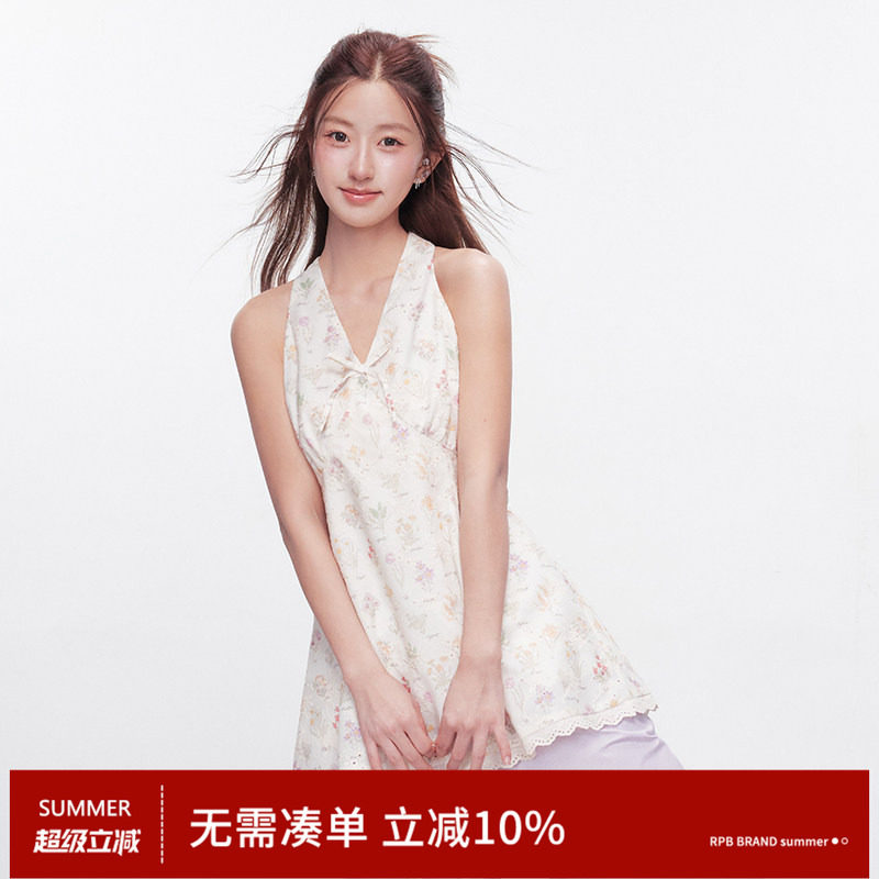 RPB BRAND 法式田园纯欲风夏季V领挂脖碎花显瘦收腰短款连衣裙女图片