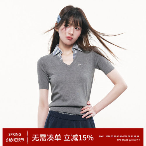 RPB BRAND学院风格纹V领假两件羊毛针织衫短袖高级感显瘦上衣毛衣