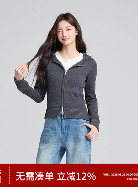 RPB BRAND拼接格纹连帽针织开衫女修身显瘦短款毛衣外套上衣