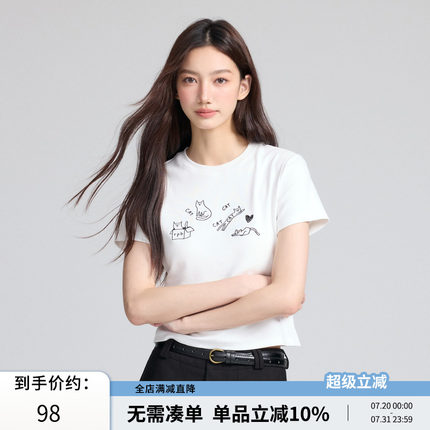 RPB BRAND猫咪图案刺绣正肩短袖女生T恤新款爆款修身显瘦短款上衣