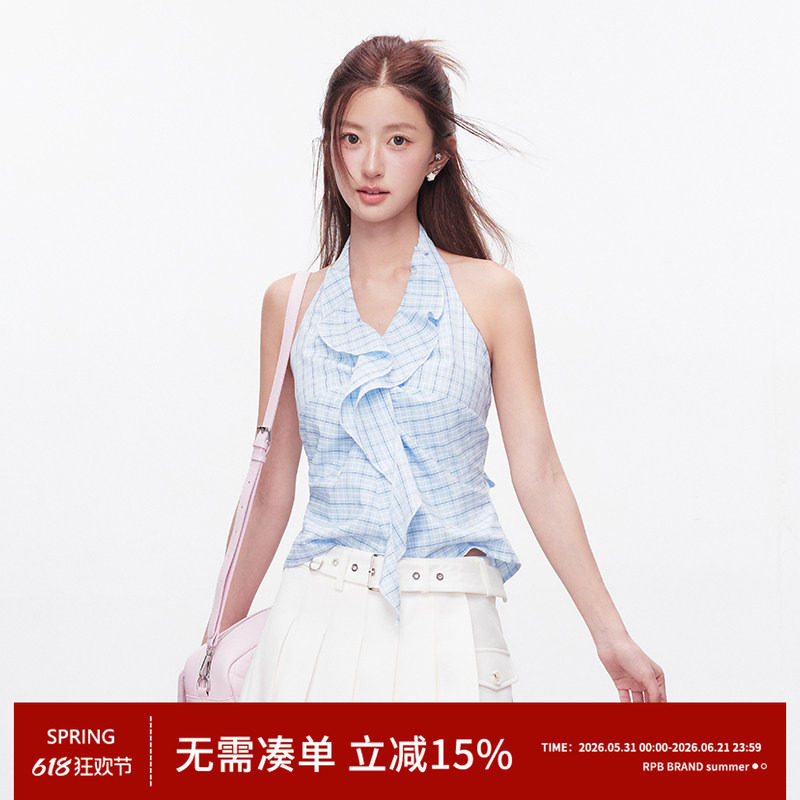 RPB BRAND韩系清新格纹V领挂脖衬衫背心女荷叶边设计感无袖上衣